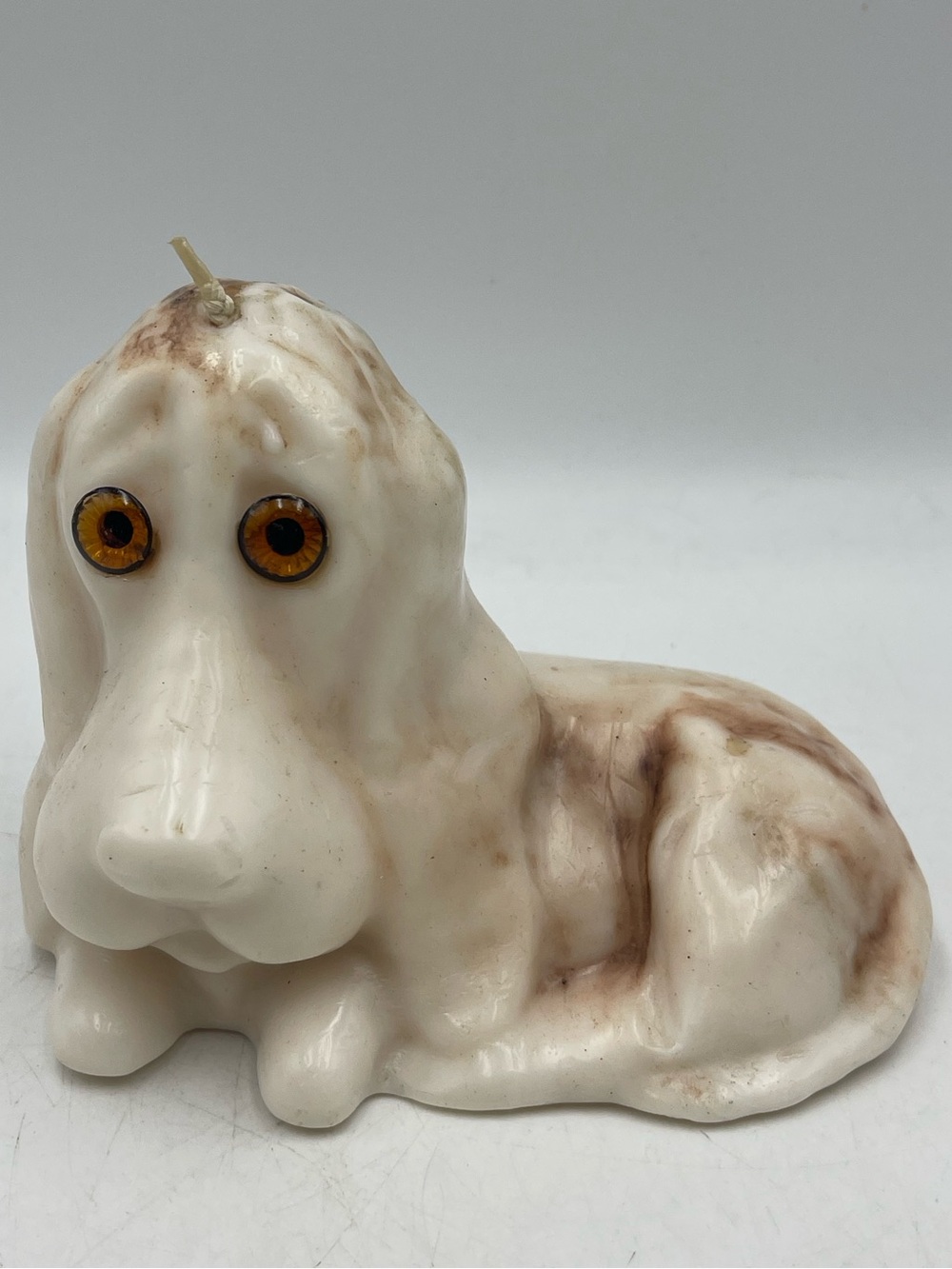 Vintage 1970s Basset Hound Wax Candle Sad Orange Glass Eyes Retro Novelty